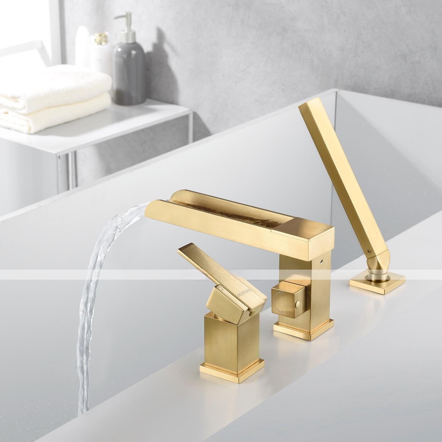Bathtub Faucet Waterfall Long Spout Bath Tub Filler Mixer Taps Golden with Heldhand Shower 60 inch Hose 3 Hole 2 Handle Deck Mounted Widespread Bathroom 2025 - CAD $366.99 –P7
