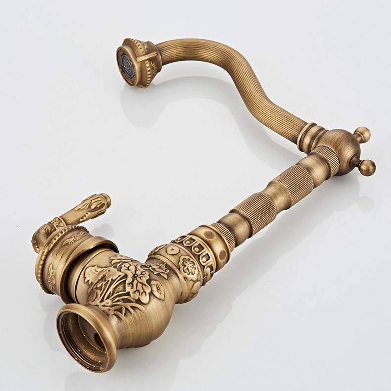 Traditional Kitchen Sink Mixer Faucet Antique Brass Single Handle Taps Standard Spout Deck Mounted Retro Vintage Style Kitchen Tap with Cold and Hot Hose 2025 - CAD $143.99 –P3