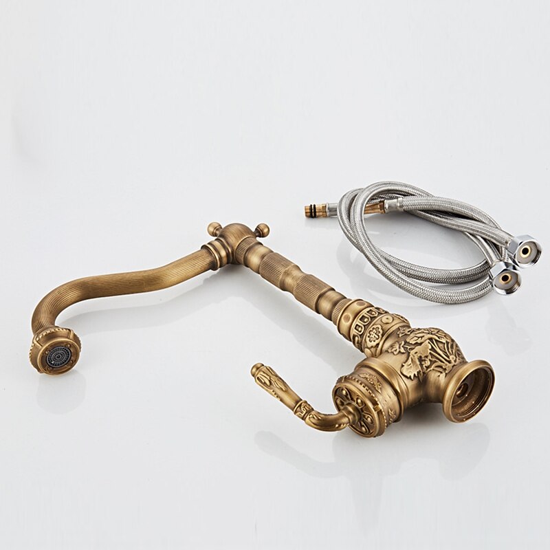 Traditional Kitchen Sink Mixer Faucet Antique Brass Single Handle Taps Standard Spout Deck Mounted Retro Vintage Style Kitchen Tap with Cold and Hot Hose 2025 - CAD $143.99 –P2