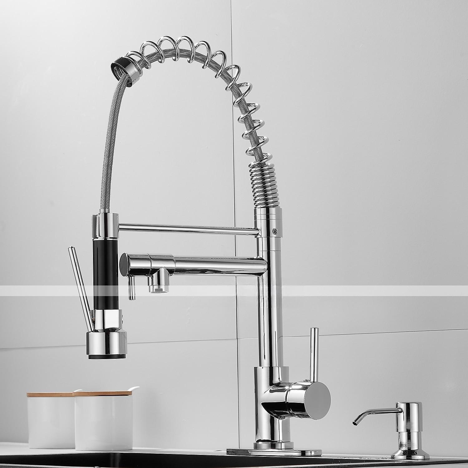Kitchen Faucet with Pullout Spray and Soap Dispenser Sets Single Handle Two Holes Pull Out/Rotatable/Multifunction Standard Spout Brass Tall-High Arc Deck Mounted Kitchen Faucet 2025 - CAD $159.99 –P16