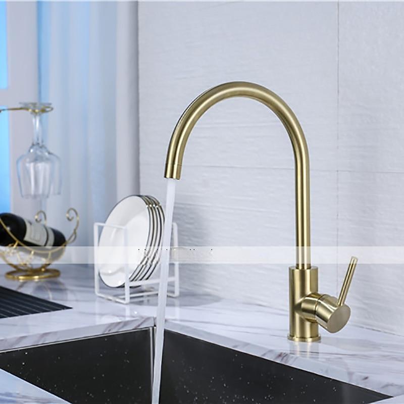 Kitchen Sink Mixer Faucet Brushed Gold Deck Mounted  360 Swivel Single Handle Vessel Kitchen Brass Taps with Cold and Hot Water Hose 2025 - CAD $79.99 –P8