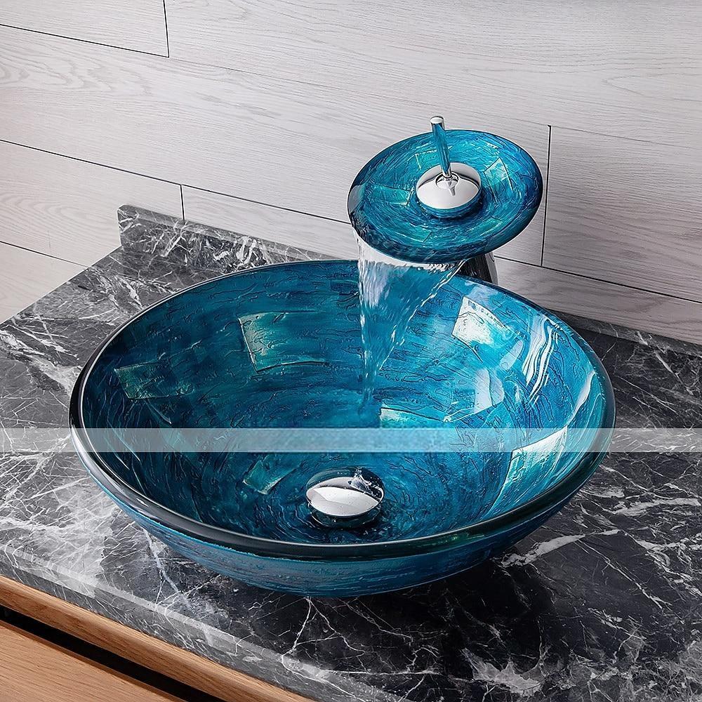 Minimalist Mediterranean Wind Round Basin Tempered Glass Wash Basin With Waterfall Faucet Basin Support Drainer 2025 - CAD $311.99 –P7