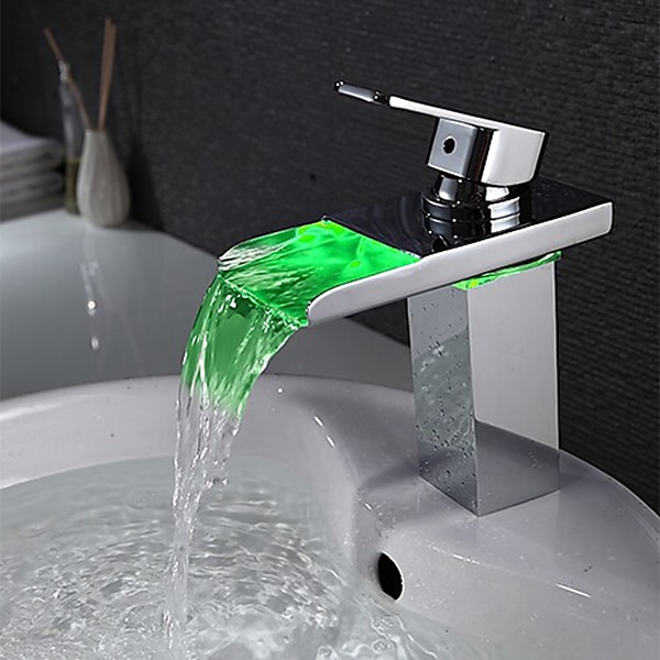 Bathroom Sink Faucet with Supply Hose,LED Waterfall Spout Single Handle Single Hole Vessel Lavatory Faucet,Slanted Body Basin Mixer Tap 2025 - CAD $119.99 –P7