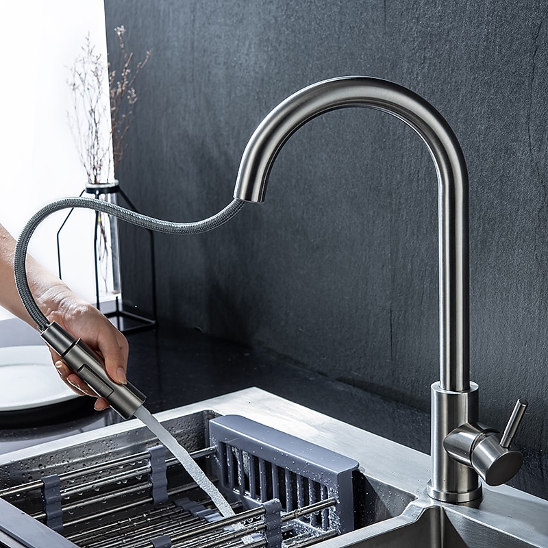 Kitchen Sink Mixer Faucet Stainless Steel with Pull Out Sprayer 360° Rotatable Multi-function Pull Down Single Handle Kitchen Vessel Tap Brushed Gold Finish 2025 - CAD $127.99 –P12