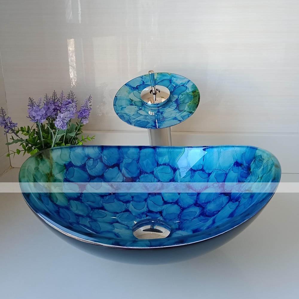 Bathroom Vessel Sink Set Rectangular 16"x13" Sink Mixer Faucet and Drain Combo with Pop-up Drain Boat Shape Color Tempered Glass Artistic Vessel Vanity Sink Bowl Above Counter Sink Art Wash Basin 2025 - CAD $366.99 –P3