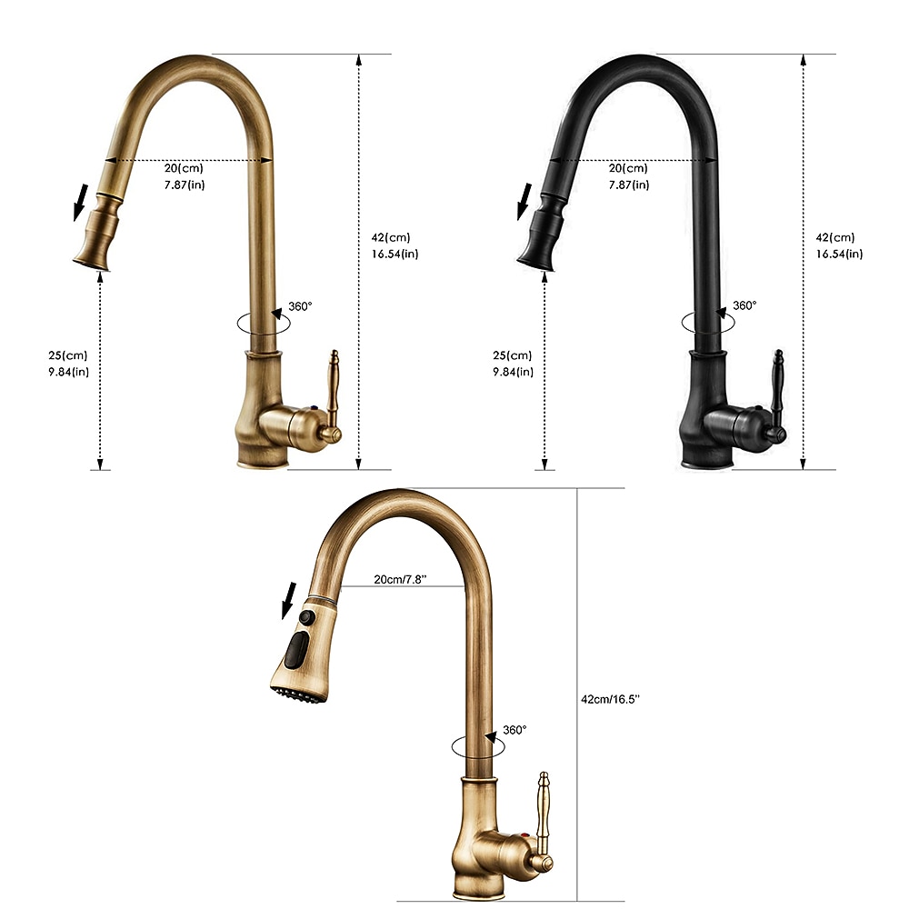 Kitchen Sink Mixer Faucet with Pull Out Spray 360 Swivel Pull Down Vessel Taps Antique Brass/Black Deck Mounted Antique Single Handle One Hole Kitchen Taps 2025 - CAD $151.97 –P2