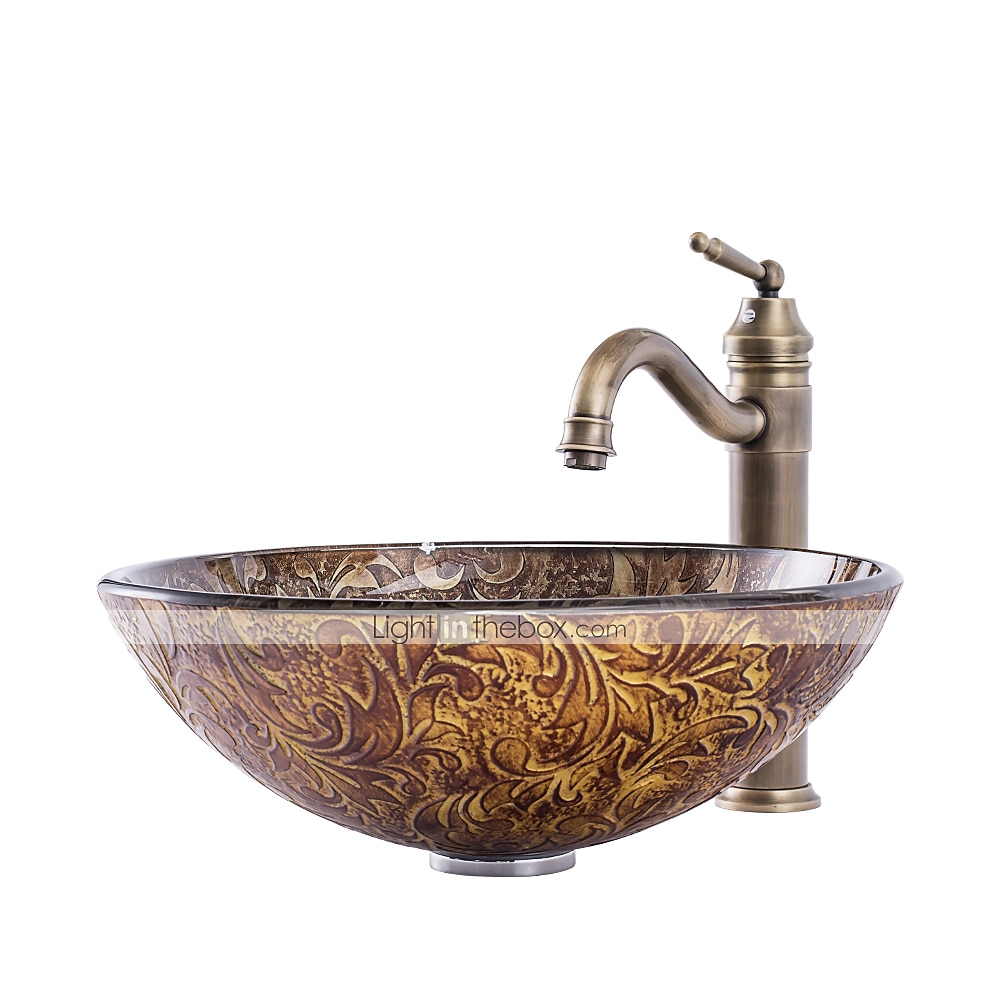 Vintage Bathroom Vessel Sink Set Round 16.5"x5.7" Sink Mixer Faucet and Drain Combo with Pop-up Drain Boat Shape Tempered Glass Artistic Vessel Vanity Sink Bowl Above Counter Sink Art Wash Basin 2025 - CAD $287.99 –P4