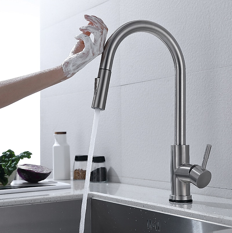 Touchless Sensor Kitchen Sink Faucet Stainless Steel with Pull Out Sprayer Touch On Single Handle Kitchen Vessel Tap with Pull Down 2 Modes Spray Fingerprint Resistant Brushed Nickel Deck Mounted 2025 - CAD $151.99 –P4