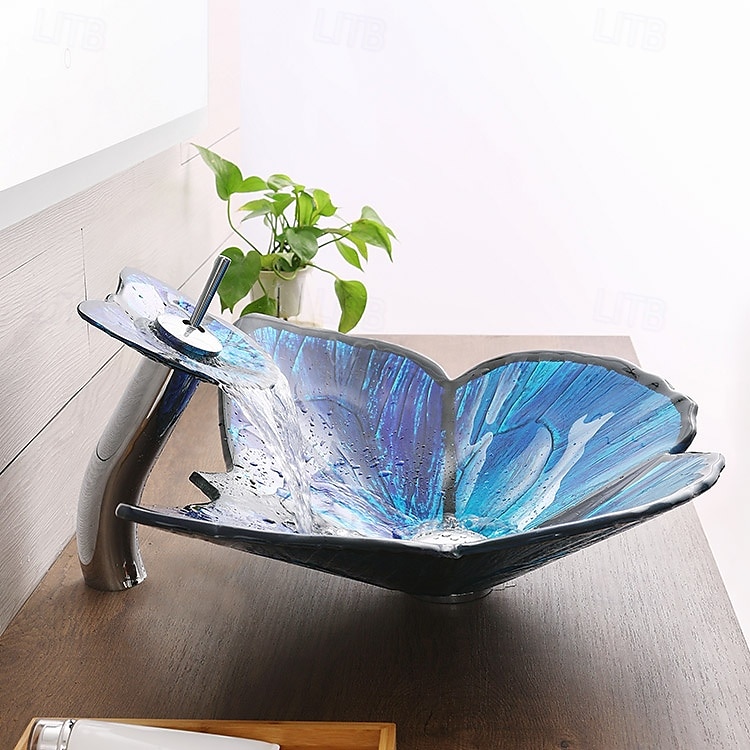 Bathroom Vessel Sink Butterfly Shape Artistic Tempered Glass Vessel Sink Vessel Bowl Sink Countertop Vanity Vessel Sink with Waterfall Faucet and Pop Up Drain Combo 2025 - CAD $558.99 –P2