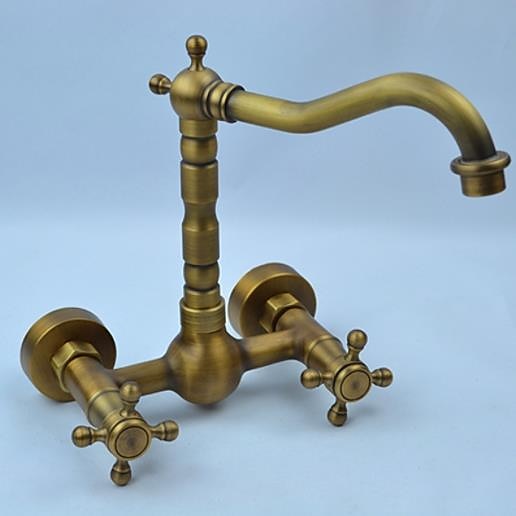 Vintage Kitchen Sink Mixer Faucet Wall Mounted 360 Swivel Spout Retro Style Brass 2 Handle 2 Hole Vessel Taps Traditional Kitchen Taps with Hot and Cold Water Hose 2025 - CAD $111.99 –P5
