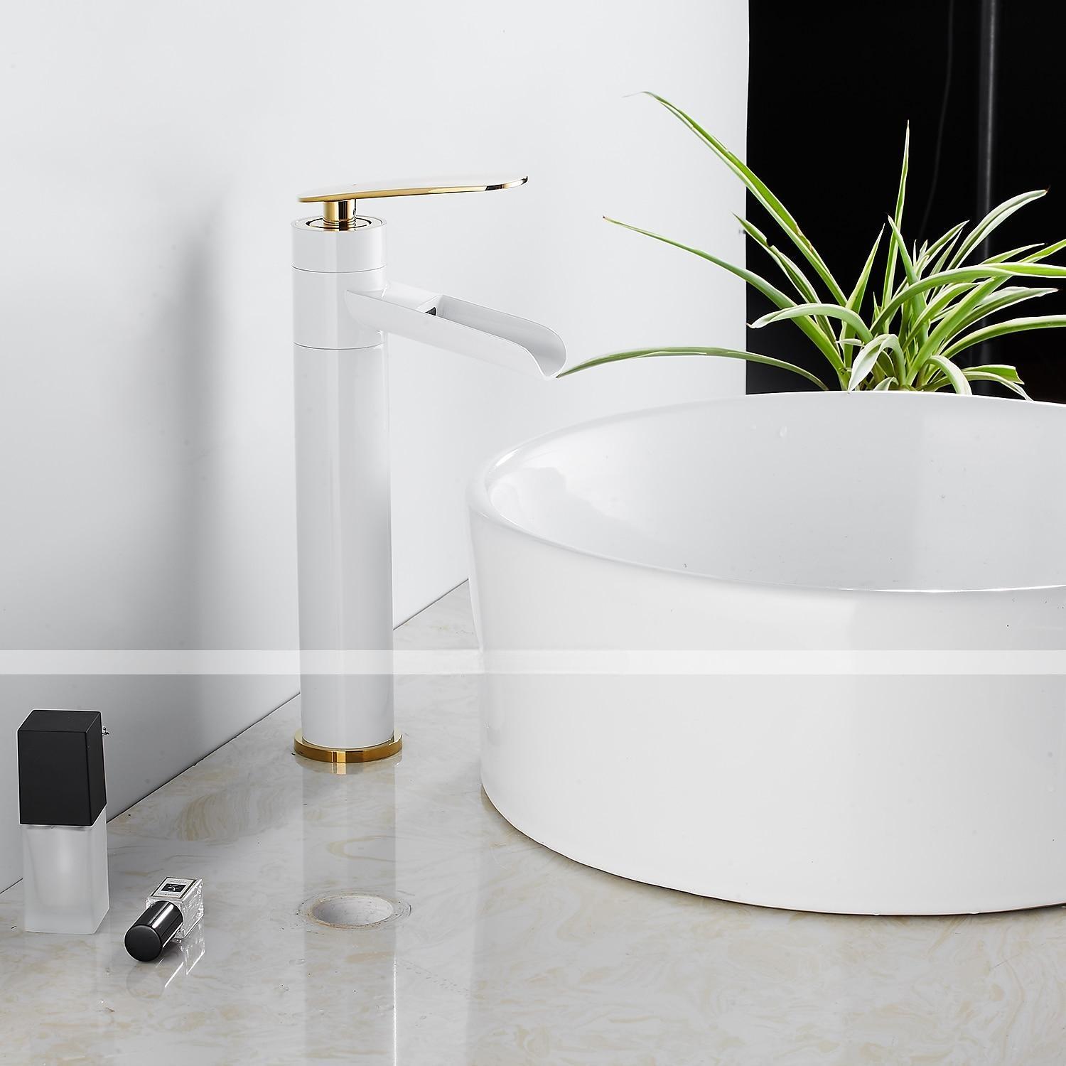 Waterfall Bathroom Sink Mixer Faucet Tall, Antique Brass Single Handle Basin Taps with Cold and Hot Hose 2025 - CAD $111.99 –P5