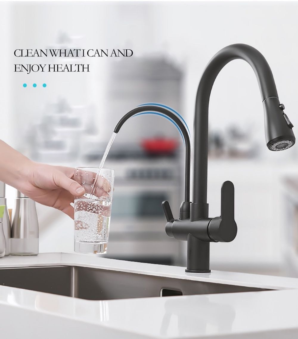 Kitchen Sink Mixer Faucet Pull Out Sprayer with Soap Dispenser 360 swivel Black Single Handle Brass Taps Pull Down Deck Mounted Hot Cold Water Hose Filter Tap 2025 - CAD $103.99 –P8