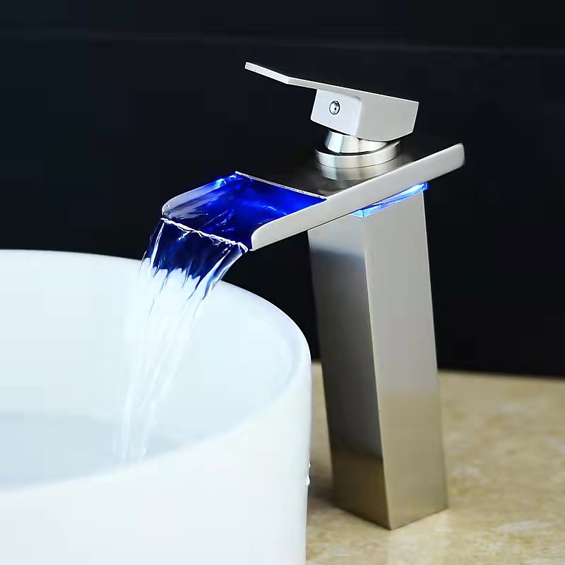 Bathroom Vessel Faucet Tall LED Waterfall Spout 3 Color Changes with Temperature, Sink Mixer Mono Basin Taps, Single Handle One Hole Brass Washroom Vessel Tap Deck Mounted 2025 - CAD $143.99 –P10