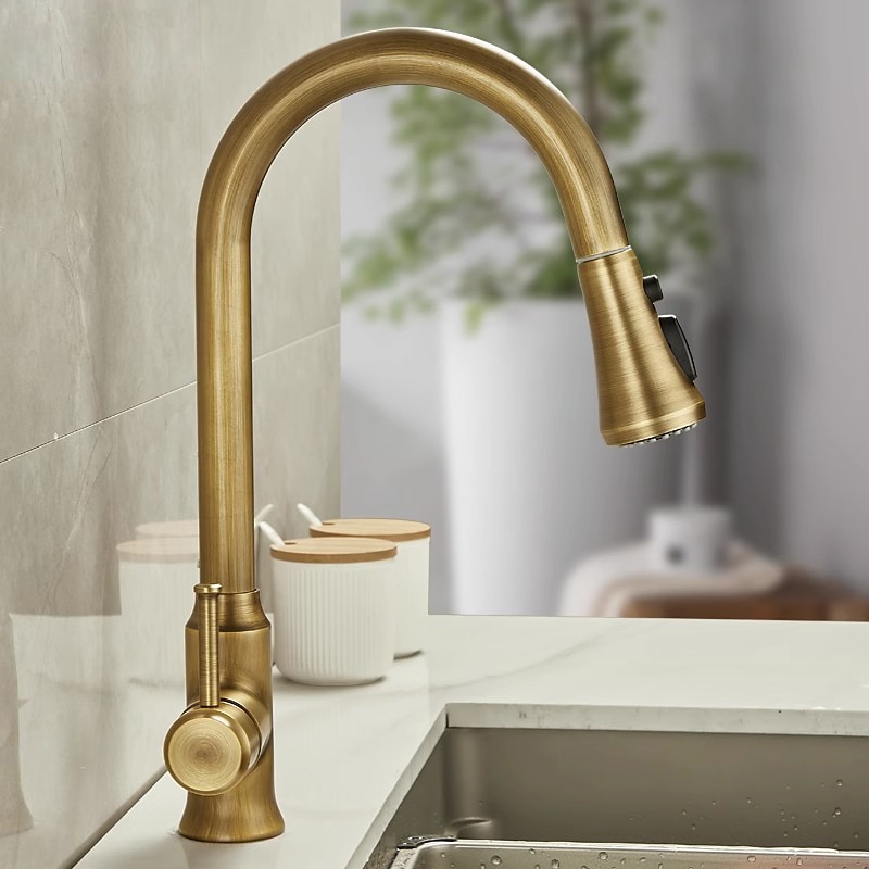 Traditional Kitchen Faucet Pull Out Sink Mixer Vessel Brass Taps 360 Degree Single Handle Vintage Taps with Cold and Hot Hose 2025 - CAD $111.99 –P4