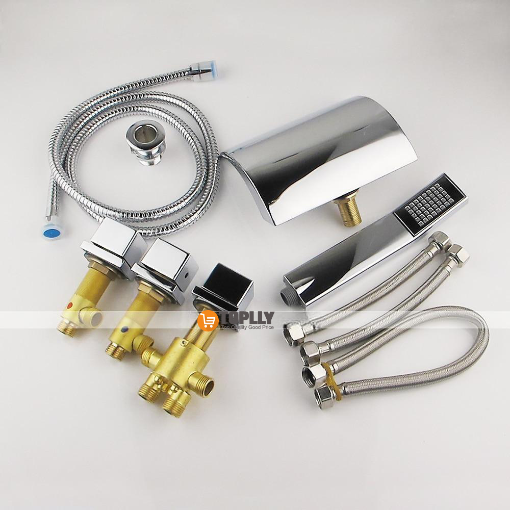 Contemporary Style Bathtub FaucetLED Chrome Roman Tub Brass Valve Three Handles Five Holes Waterfall Bath Shower Mixer Taps with Hot and Cold Switch 2025 - CAD $263.99 –P1