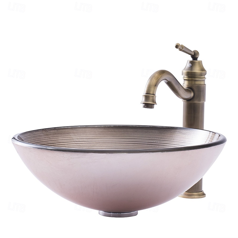 Vessle Sink Circular Stripe Design Basin Modern Tempered Glass Vessel Sink for Bathroom Bathroom Sink Set with Vintage Faucet 2025 - CAD $366.99 –P2