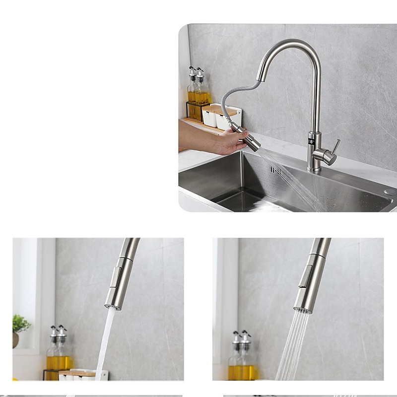 Touchless Sensor Kitchen Faucet Sink Mixer Tap Touch on with Pull Out 2 Mode Sprayer Digital Display 360 Swivel Single Handle Taps Stainless Steel Deck Mounted Water Vessel Taps 2025 - CAD $175.99 –P5