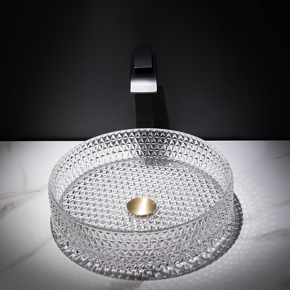 Bathroom Vessel Sink with Black Faucet Modern Clear Tempered Glass Basin with Pop-Up Drain Artistic Round Basin Bowl Set Above Counter Vanity Sink 2025 - CAD $478.99 –P7