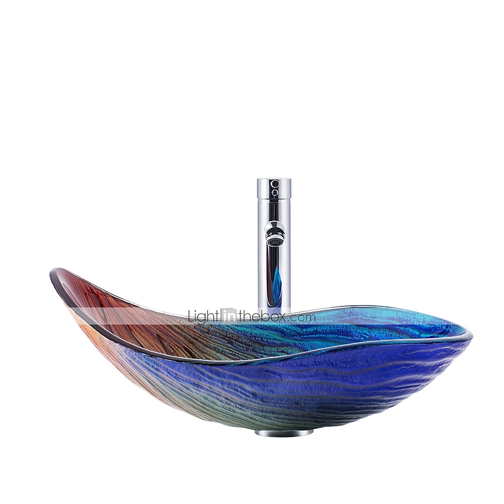 Bathroom Vessel Sink Rectangular 21"x15" Sink Mixer Faucet and Drain Combo with Pop-up Drain Boat Shape Color Tempered Glass Artistic Vanity Sink Bowl Above Counter Washroom Sink Art Wash Basin 2025 - CAD $366.99 –P8