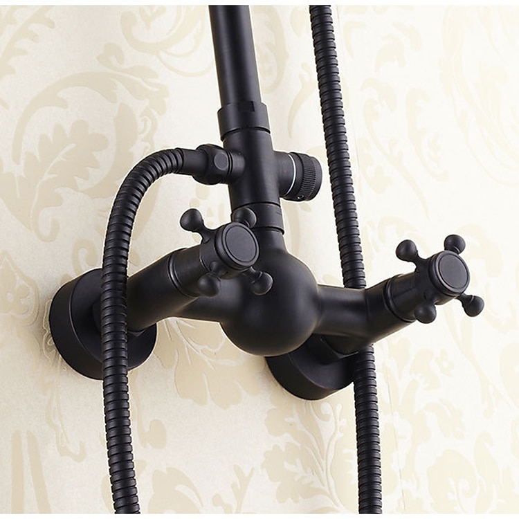 Antique Shower System Faucet Combo Set 8" Rainfall Shower Head Kit with Handshower Wall Mounted Brass Copper Black Electroplated Finish Vintage Style 2 Handles 3 Hole Bath Mixer Taps with Bodysprays 2025 - CAD $215.99 –P10