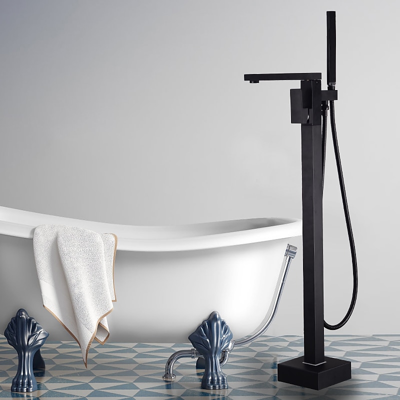 Freestanding Bathtub Faucet 360° Swivel Spout Floor Mount Standing Tub Filler Single Handle Brass Tap with Hand Shower Sprayer 2025 - CAD $446.99 –P7