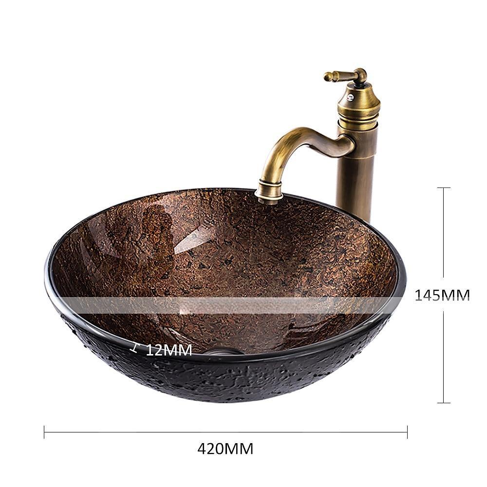 16.5 inch Bathroom Vessel Sink with Faucet Vintage Brass Antique Tempered Glass Basin with Pop-Up Drain Countertop Artistic Round Basin Bowl Set Above Counter Vanity Sink 2025 - CAD $398.99 –P3