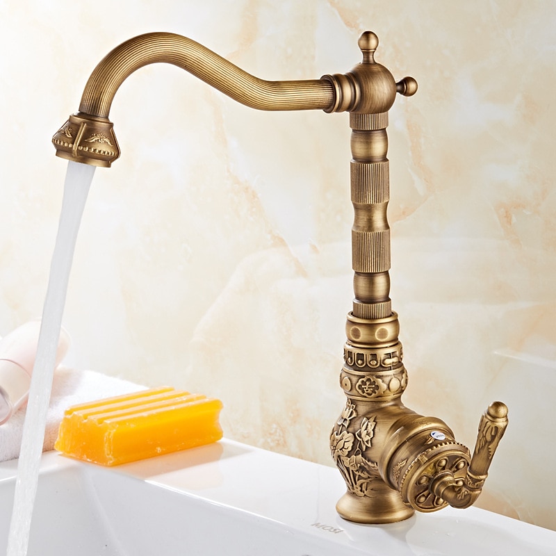 Traditional Kitchen Sink Mixer Faucet Antique Brass Single Handle Taps Standard Spout Deck Mounted Retro Vintage Style Kitchen Tap with Cold and Hot Hose 2025 - CAD $143.99 –P4
