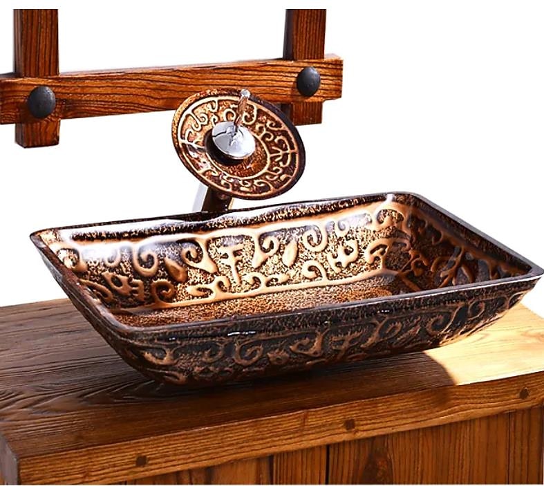 Bathroom Sink Faucet Suit Contain with Zinc Alloy Bathroom Mounting Ring Antique Tempered Glass Rectangular Vessel Sink and Brass Water Drain 2025 - CAD $366.99 –P3
