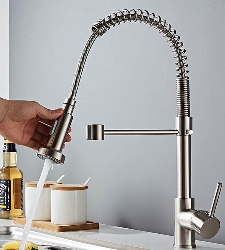 Kitchen Sink Mixer Faucet with Pull Down Sprayer 360 swivel High Arc Single Handle Spring Kitchen Taps Deck Mounted One Hole Brass Kitchen Sink Faucet Centerset Water Taps 2025 - CAD $103.99 –P4