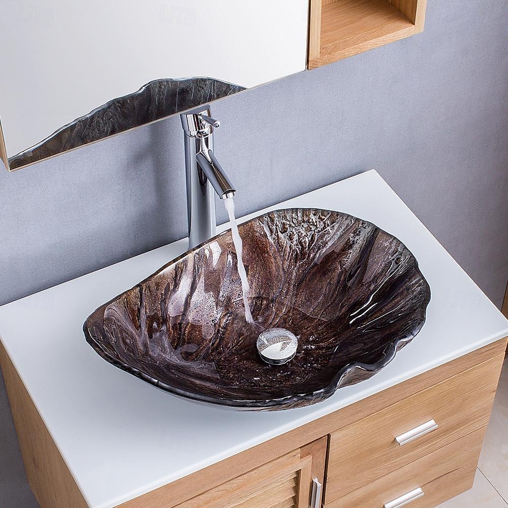 Modern simple clear light carving yuan treasure basin tempered glass wash basin with waterfall faucet basin support sink BWY19-193 2025 - CAD $446.99 –P14