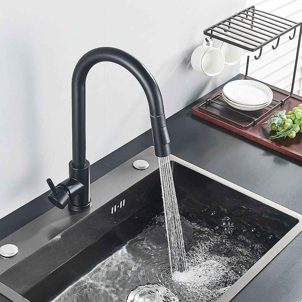 Kitchen Sink Mixer Faucet with Pull Out Sprayer Stainless Steel Rotatable Vessel Tap Rainfall/Waterfall Mode Spray Faucet Black&Silver Kitchen Faucet Tap with Soap Dispenser 2025 - CAD $111.99 –P12