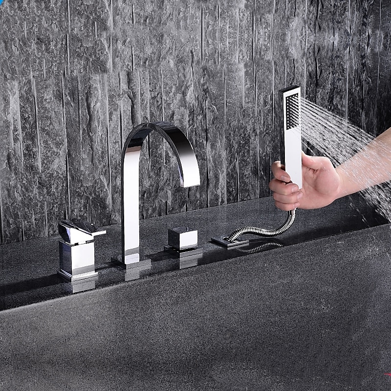 Bathtub Faucet Deck Mounted Widespread Bathroom Faucet Bath Roman Tub Filler Mixer Tap Brass 4 Hole 2 Handle Shower Sprayer with Cold Hot Water Hose 2025 - CAD $231.99 –P2