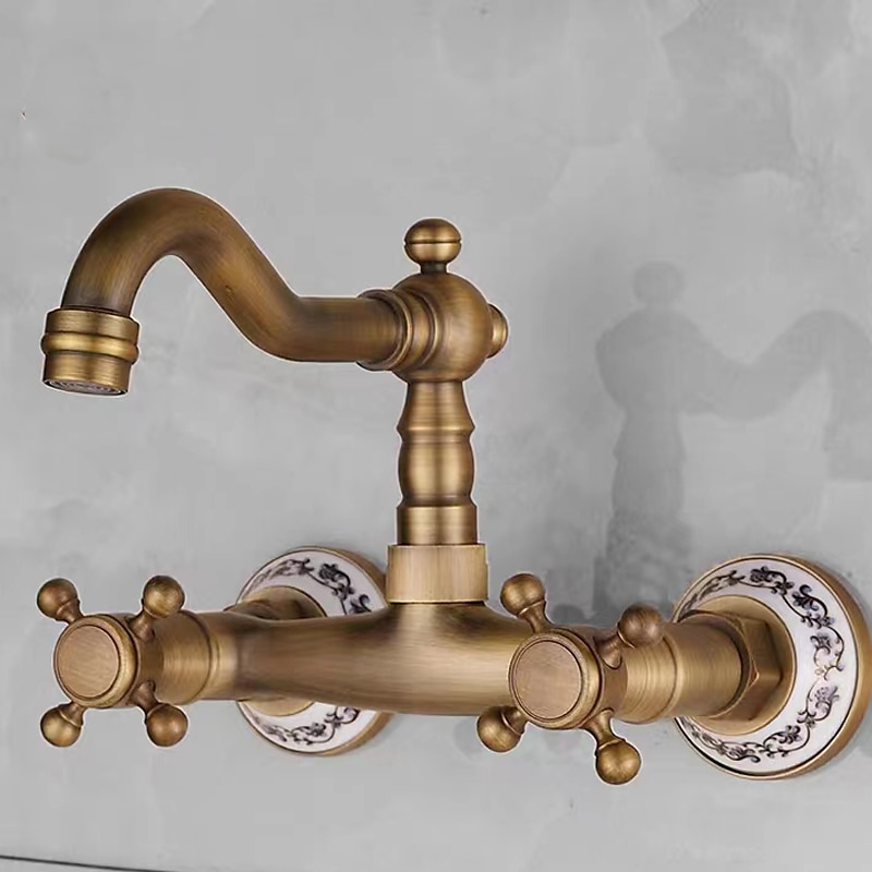 Vintage Brass Bathtub Faucet Wall Mounted Dual Handle Bath Tub Taps Bathroom Mixer Tap with Cold and Hot Hose 2025 - CAD $71.99 –P11