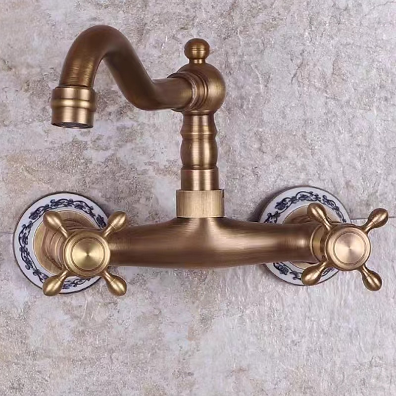 Vintage Brass Bathtub Faucet Wall Mounted Dual Handle Bath Tub Taps Bathroom Mixer Tap with Cold and Hot Hose 2025 - CAD $71.99 –P10