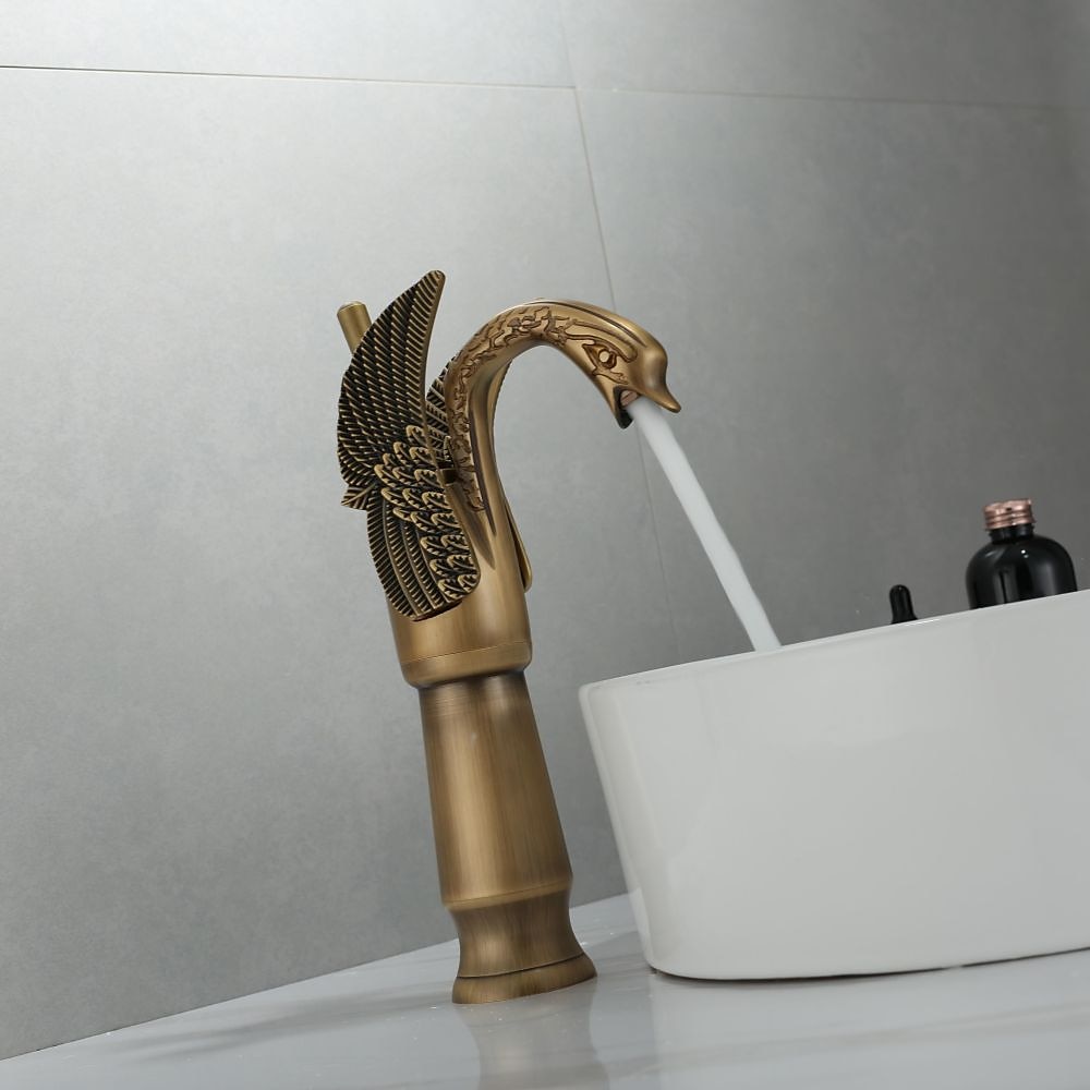 Antique Bathroom Sink Mixer Faucet, Washroom Basin Taps Brass Swan Shape Copper Electroplated Finish Vintage Style Single Handle One Hole Water Taps with Cold Hot Hose 2025 - CAD $95.99 –P10