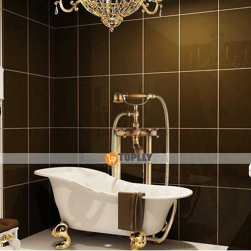 Bathtub Faucet Floor Mounted Brass Retro Style Telephone Shape Brass Electroplated Finish Two Handles Two Holes Shower Faucet with Handshower and Drain 2025 - CAD $446.99 –P1