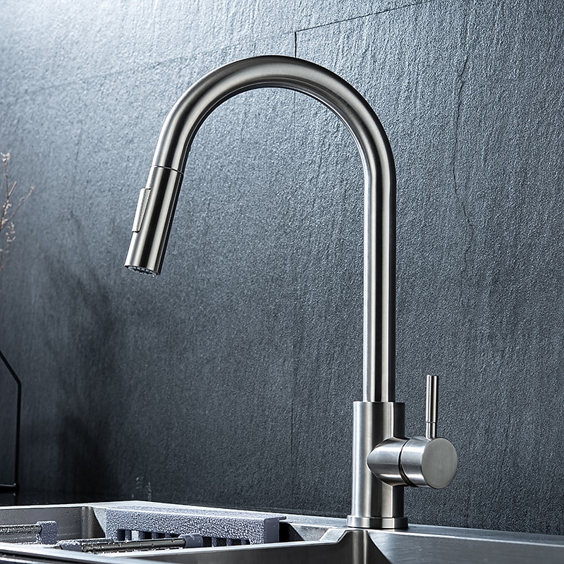 Kitchen Sink Mixer Faucet Stainless Steel with Pull Out Sprayer 360° Rotatable Multi-function Pull Down Single Handle Kitchen Vessel Tap Brushed Gold Finish 2025 - CAD $127.99 –P8