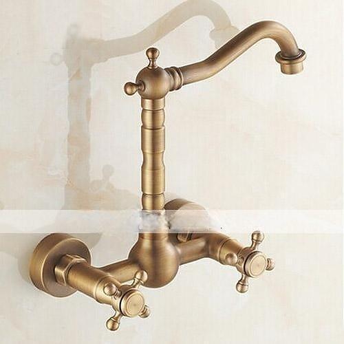 Vintage Kitchen Sink Mixer Faucet Wall Mounted 360 Swivel Spout Retro Style Brass 2 Handle 2 Hole Vessel Taps Traditional Kitchen Taps with Hot and Cold Water Hose 2025 - CAD $111.99 –P1