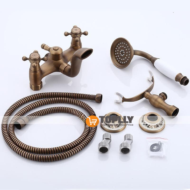 Bathtub Filler Cold/Hot Water Mixer Clawfoot Antique Copper Finish Wall Mount Tub Filler with Hand Held Shower Faucet 2 Cross Handles with Tub Spout Vintage Style 2025 - CAD $143.99 –P5