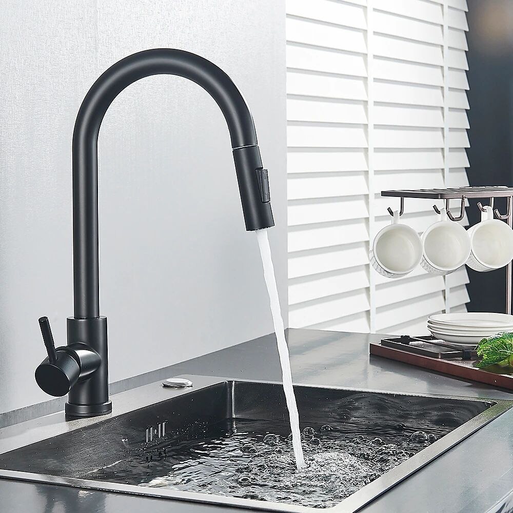 Kitchen Sink Mixer Faucet with Pull Out Sprayer Stainless Steel Rotatable Vessel Tap Rainfall/Waterfall Mode Spray Faucet Black&Silver Kitchen Faucet Tap with Soap Dispenser 2025 - CAD $111.99 –P11