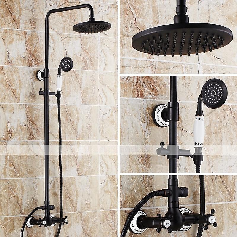 Two Handles Shower Systerm Set Black Brass Faucet Three Holes Adjustable Electroplated Rainfall High Pressure Shower Mixer Taps with Rain Shower and Hand Shower 2025 - CAD $366.99 –P1