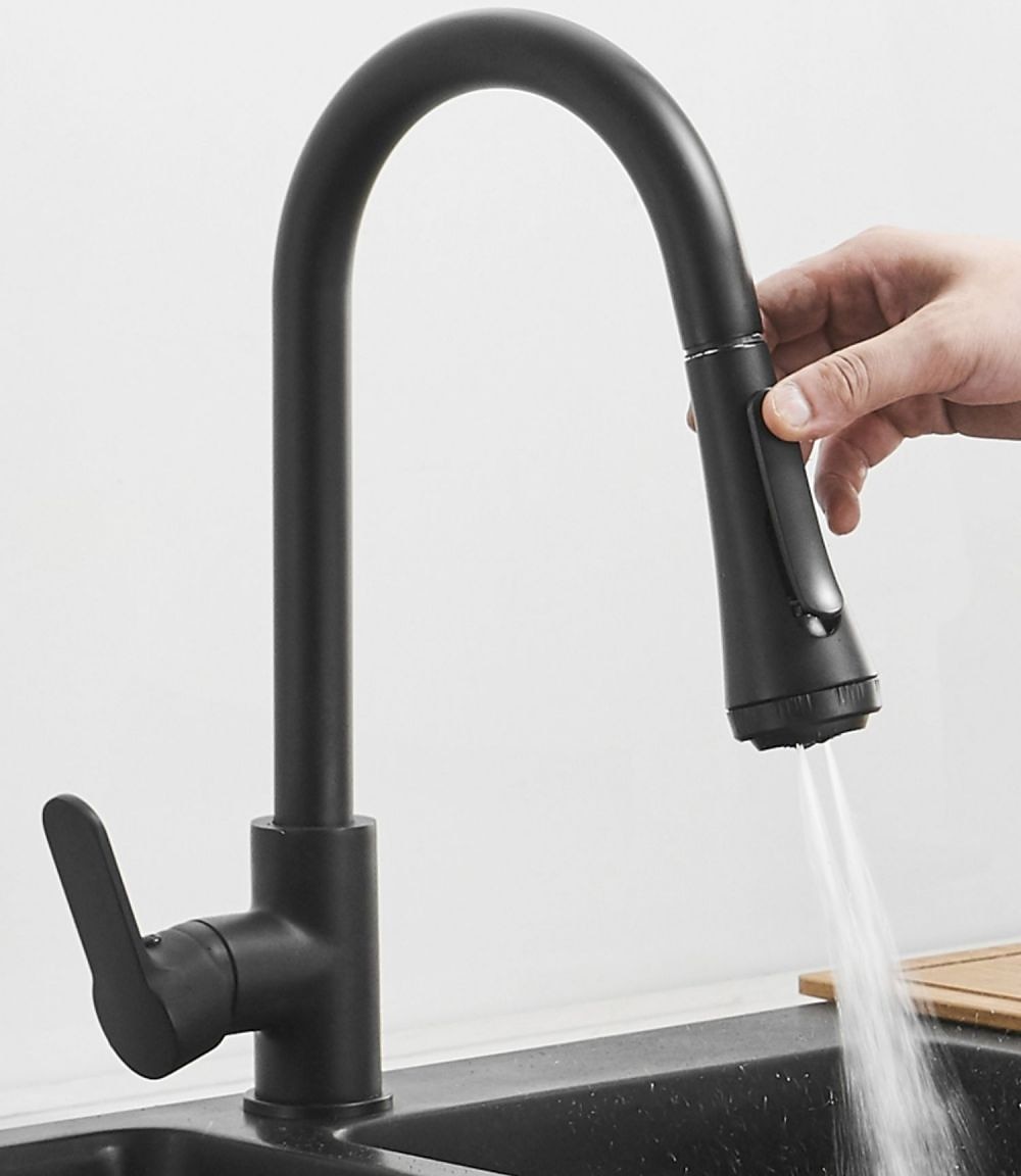 Kitchen Faucet with SprayerMatte Black Brass 4-Function Single Handle One Hole Button Design Pull-out / Pull-down Centerset Contemporary Kitchen Taps(with Soap Dispenser) 2025 - CAD $127.99 –P6