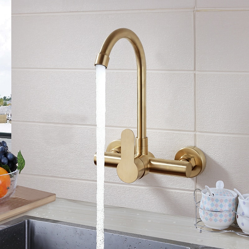 Kitchen faucet - Single Handle Two Holes Brushed Gold Tall /High Arc Wall Mounted Contemporary Kitchen Taps 2025 - CAD $175.99 –P3