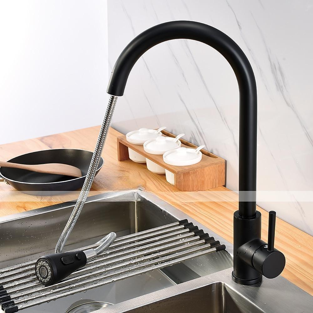 Kitchen Sink Mixer Faucet with Pull Out Sprayer Black 360 Swivel Single Handle Kitchen Taps Deck Mounted One Hole Brass Kitchen Sink Faucet Water Vessel Taps 2025 - CAD $103.99 –P4