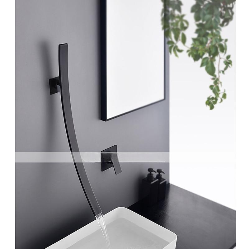 Wall Mounted Bathroom Sink Faucet,New Design Waterfall Black Single Handle Two Holes Bath Taps with Large Outlet and Flow Adjustable Switch and Hot/Cold Switch 2025 - CAD $366.99 –P1