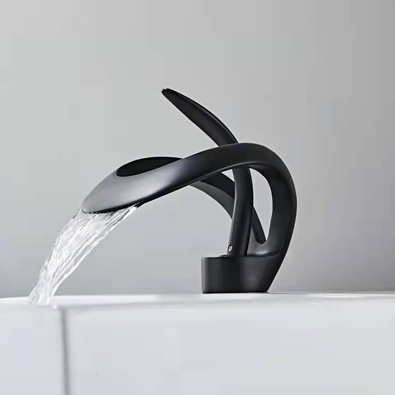 Black Bathroom Sink Mixer Faucet Waterfall Spout, Brass Basin Taps Single Handle One Hole Vessel Bathroom Tap with Hot and Cold Switch Golden Grey Chrome 2025 - CAD $159.99 –P10
