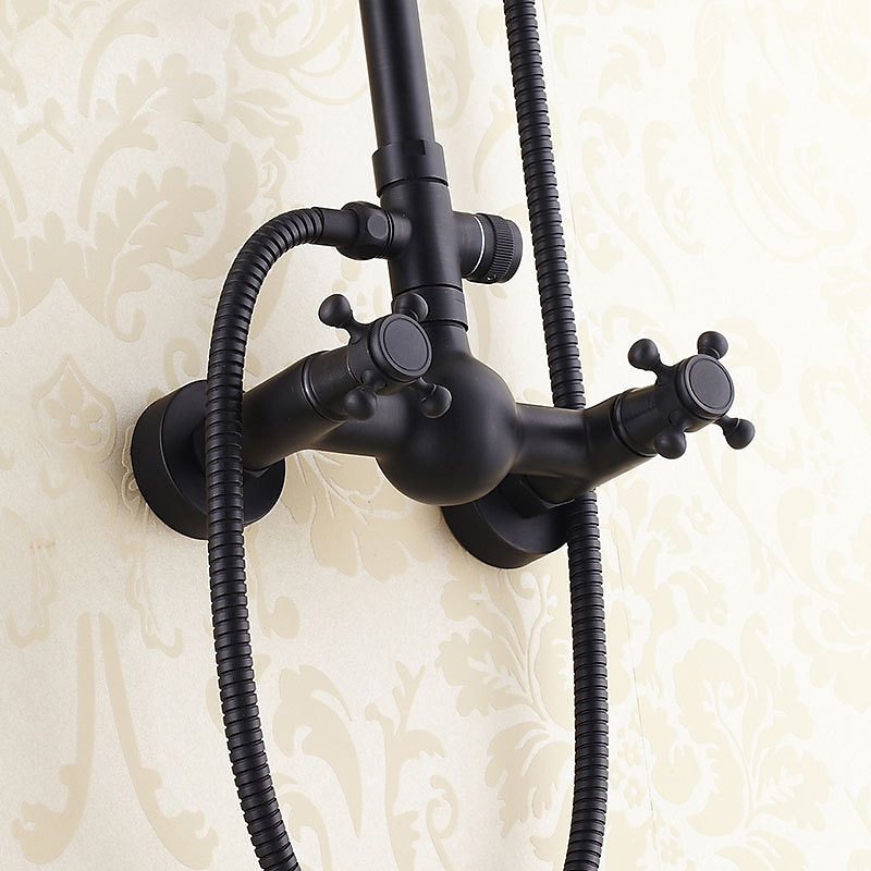 Antique Shower System Faucet Combo Set 8" Rainfall Shower Head Kit with Handshower Wall Mounted Brass Copper Black Electroplated Finish Vintage Style 2 Handles 3 Hole Bath Mixer Taps with Bodysprays 2025 - CAD $215.99 –P9