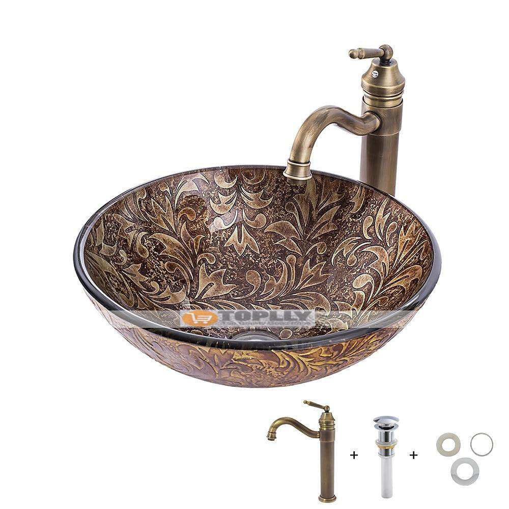 Vintage Bathroom Vessel Sink Set Round 16.5"x5.7" Sink Mixer Faucet and Drain Combo with Pop-up Drain Boat Shape Tempered Glass Artistic Vessel Vanity Sink Bowl Above Counter Sink Art Wash Basin 2025 - CAD $287.99 –P3