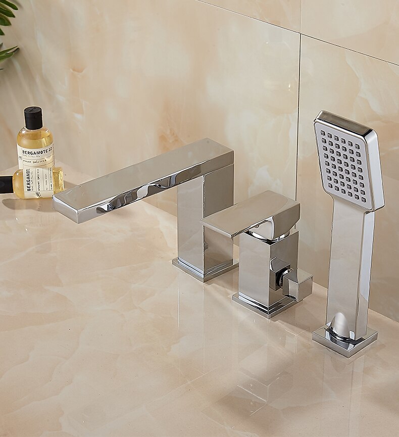 Bathtub Faucet - Contemporary Chrome Free Standing Ceramic Valve Bath Shower Mixer Taps / Three Handles Three Holes 2025 - CAD $223.99 –P3