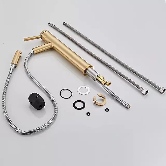 Bathroom Sink Faucet with Pull-out Spray,Brushed Gold Single Handle One Hole Brass Faucet Spout With Hot and Cold Water 2025 - CAD $119.99 –P3